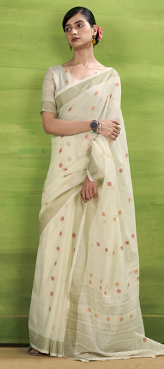 White and Off White color Saree in Linen fabric with Weaving work