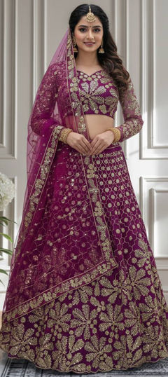 Pink and Majenta color Lehenga in Net fabric with Embroidered, Sequence, Thread, Zari work