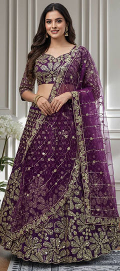 Purple and Violet color Lehenga in Net fabric with Embroidered, Sequence, Thread, Zari work