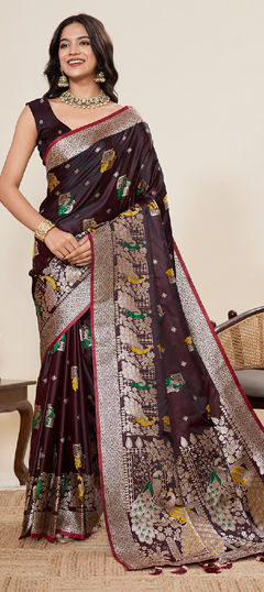 Beige and Brown color Saree in Satin Silk fabric with Weaving, Zari work