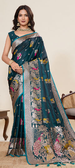 Blue color Saree in Satin Silk fabric with Weaving, Zari work