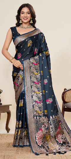 Blue color Saree in Satin Silk fabric with Weaving, Zari work