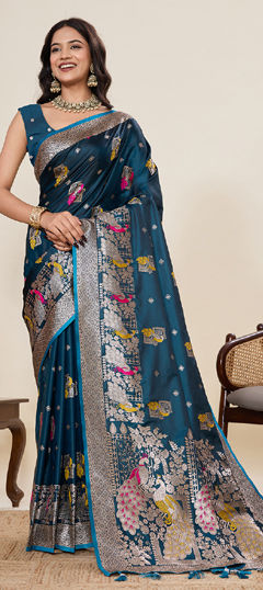 Blue color Saree in Satin Silk fabric with Weaving, Zari work
