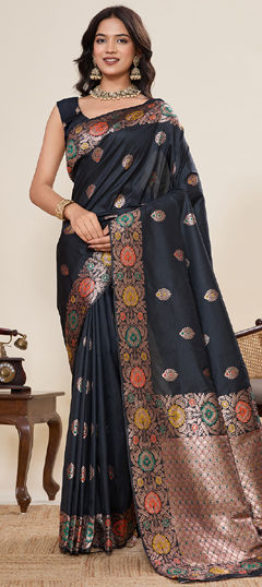 Black and Grey color Saree in Art Silk fabric with Weaving work