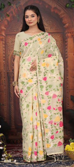 White and Off White color Saree in Cotton, Linen fabric with Weaving work