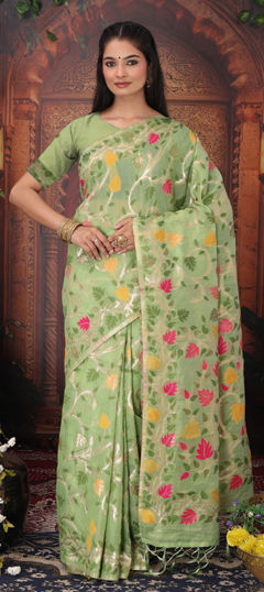 Green color Saree in Cotton, Linen fabric with Weaving work