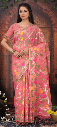 Pink and Majenta color Saree in Cotton, Linen fabric with Weaving work