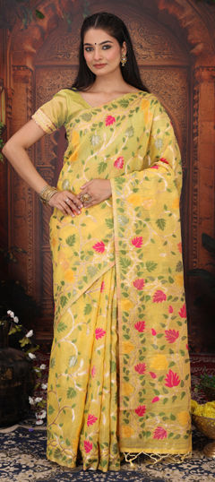Yellow color Saree in Cotton, Linen fabric with Weaving work
