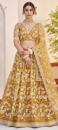 Gold color Lehenga in Net fabric with Embroidered, Sequence, Thread work