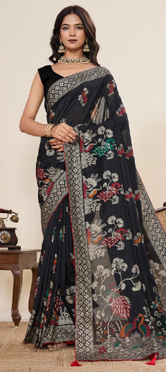 Black and Grey color Saree in Cotton fabric with Foil Print, Printed work