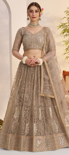 Black and Grey color Lehenga in Net fabric with Embroidered, Sequence, Thread work