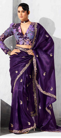 Purple and Violet color Saree in Tissue fabric with Embroidered, Sequence, Thread, Zari work