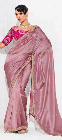 Pink and Majenta color Saree in Tussar Silk fabric with Embroidered, Sequence, Thread, Zari work