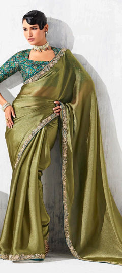 Green color Saree in Tissue fabric with Embroidered, Sequence, Thread, Zari work