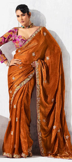 Beige and Brown color Saree in Tissue fabric with Embroidered, Sequence, Thread, Zari work