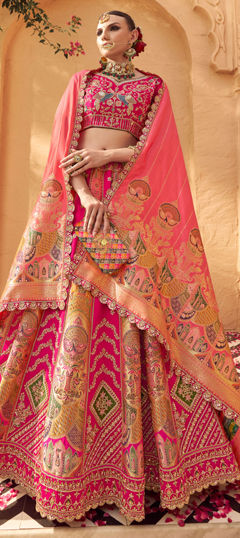 Pink and Majenta color Lehenga in Banarasi Silk fabric with Border, Embroidered, Resham, Stone, Weaving, Zari work