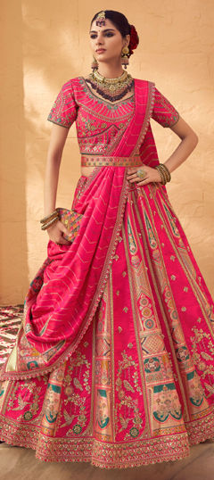 Pink and Majenta color Lehenga in Banarasi Silk fabric with Border, Embroidered, Resham, Stone, Weaving, Zari work