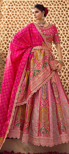 Pink and Majenta color Lehenga in Banarasi Silk fabric with Border, Embroidered, Resham, Stone, Weaving, Zari work