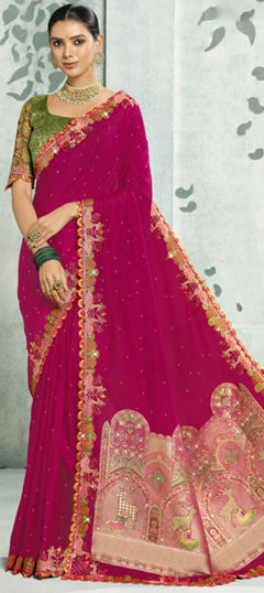 Pink and Majenta color Saree in Silk fabric with Border, Embroidered, Stone, Weaving work