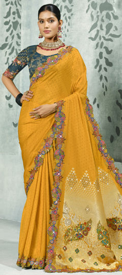 Yellow color Saree in Silk fabric with Border, Embroidered, Stone, Weaving work
