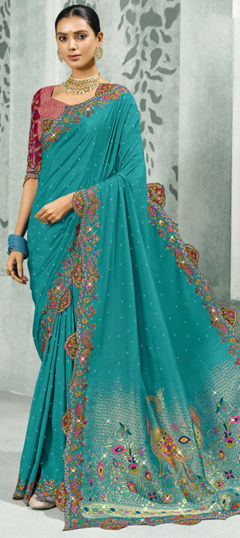 Blue color Saree in Silk fabric with Border, Embroidered, Stone, Weaving work