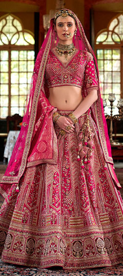 Pink and Majenta color Lehenga in Silk fabric with Border, Embroidered, Moti, Sequence, Stone, Thread, Weaving, Zari work