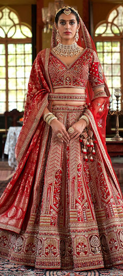 Red and Maroon color Lehenga in Silk fabric with Border, Embroidered, Moti, Sequence, Stone, Thread, Weaving, Zari work