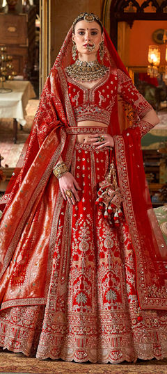 Red and Maroon color Lehenga in Silk fabric with Border, Embroidered, Moti, Sequence, Stone, Thread, Weaving, Zari work