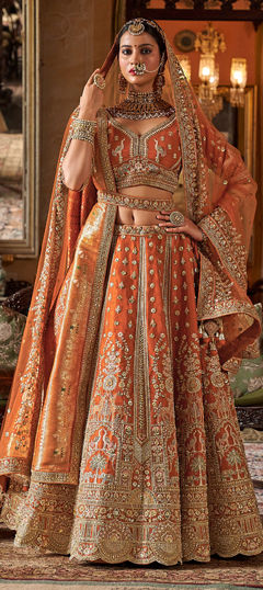 Orange color Lehenga in Silk fabric with Border, Embroidered, Moti, Sequence, Stone, Thread, Weaving, Zari work