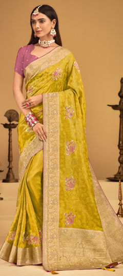 Yellow color Saree in Silk fabric with Embroidered, Stone, Tye n Dye, Weaving work