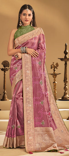 Pink and Majenta color Saree in Silk fabric with Embroidered, Stone, Tye n Dye, Weaving work