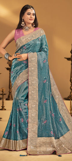 Blue color Saree in Silk fabric with Embroidered, Stone, Tye n Dye, Weaving work