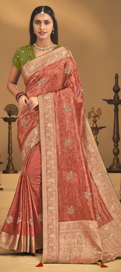 Beige and Brown color Saree in Silk fabric with Embroidered, Stone, Tye n Dye, Weaving work