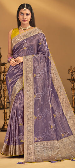 Purple and Violet color Saree in Silk fabric with Embroidered, Stone, Tye n Dye, Weaving work
