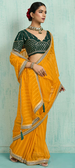 Yellow color Saree in Chiffon fabric with Sequence, Zari work