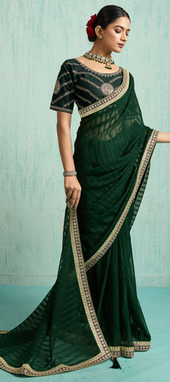 Green color Saree in Chiffon fabric with Sequence, Zari work