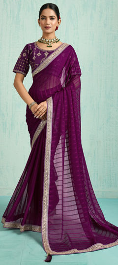 Purple and Violet color Saree in Chiffon fabric with Sequence, Zari work
