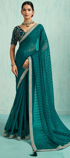 Blue color Saree in Chiffon fabric with Sequence, Zari work