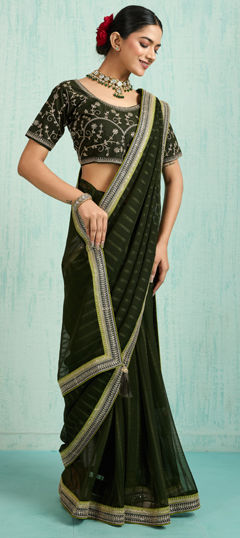 Green color Saree in Chiffon fabric with Sequence, Zari work