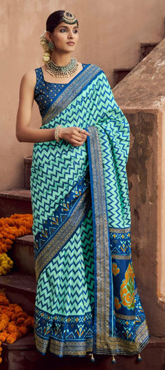 Blue color Saree in Art Silk fabric with Printed, Weaving work