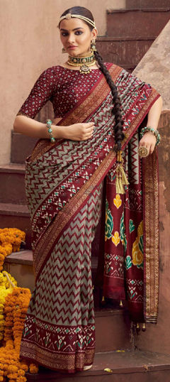 Black and Grey, Red and Maroon color Saree in Art Silk fabric with Printed, Weaving work