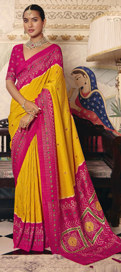 Pink and Majenta, Yellow color Saree in Crushed Silk fabric with Bandhej, Printed, Weaving work