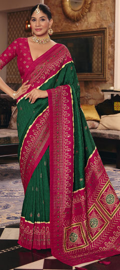 Green, Pink and Majenta color Saree in Crushed Silk fabric with Bandhej, Printed, Weaving work