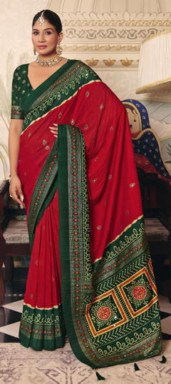 Red and Maroon color Saree in Crushed Silk fabric with Bandhej, Printed, Weaving work