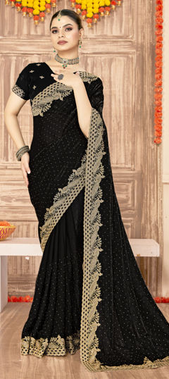Black and Grey color Saree in Silk fabric with Embroidered, Swarovski, Zari work