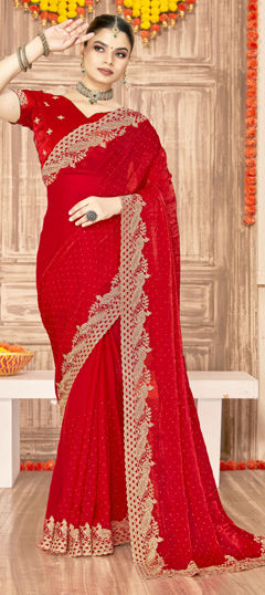 Red and Maroon color Saree in Silk fabric with Embroidered, Swarovski, Zari work