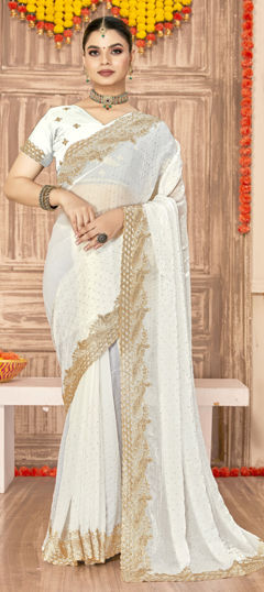 White and Off White color Saree in Silk fabric with Embroidered, Swarovski, Zari work