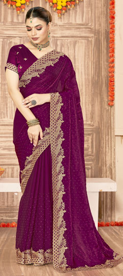 Purple and Violet color Saree in Silk fabric with Embroidered, Swarovski, Zari work