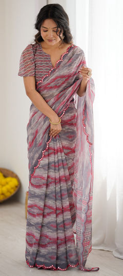 Black and Grey color Saree in Georgette fabric with Digital Print, Mirror work