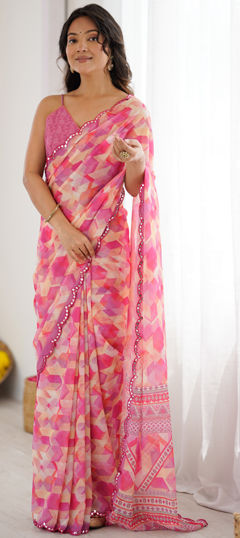 Pink and Majenta color Saree in Georgette fabric with Digital Print, Mirror work